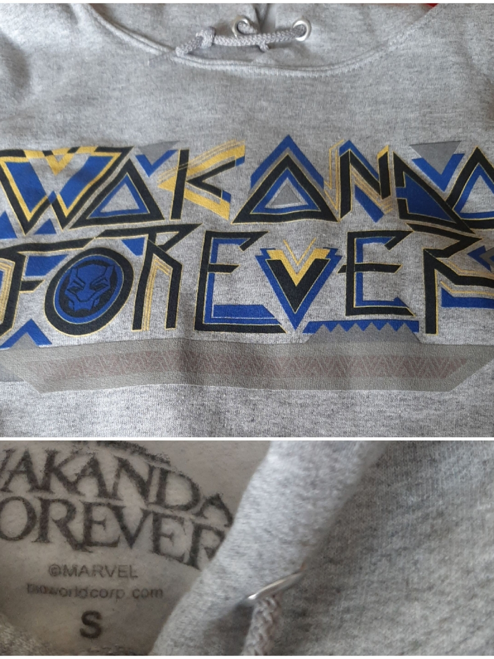 Marvel Gray Hoodie with Blue and Gold Wakanda Forever Graphic Adult Small NWT
